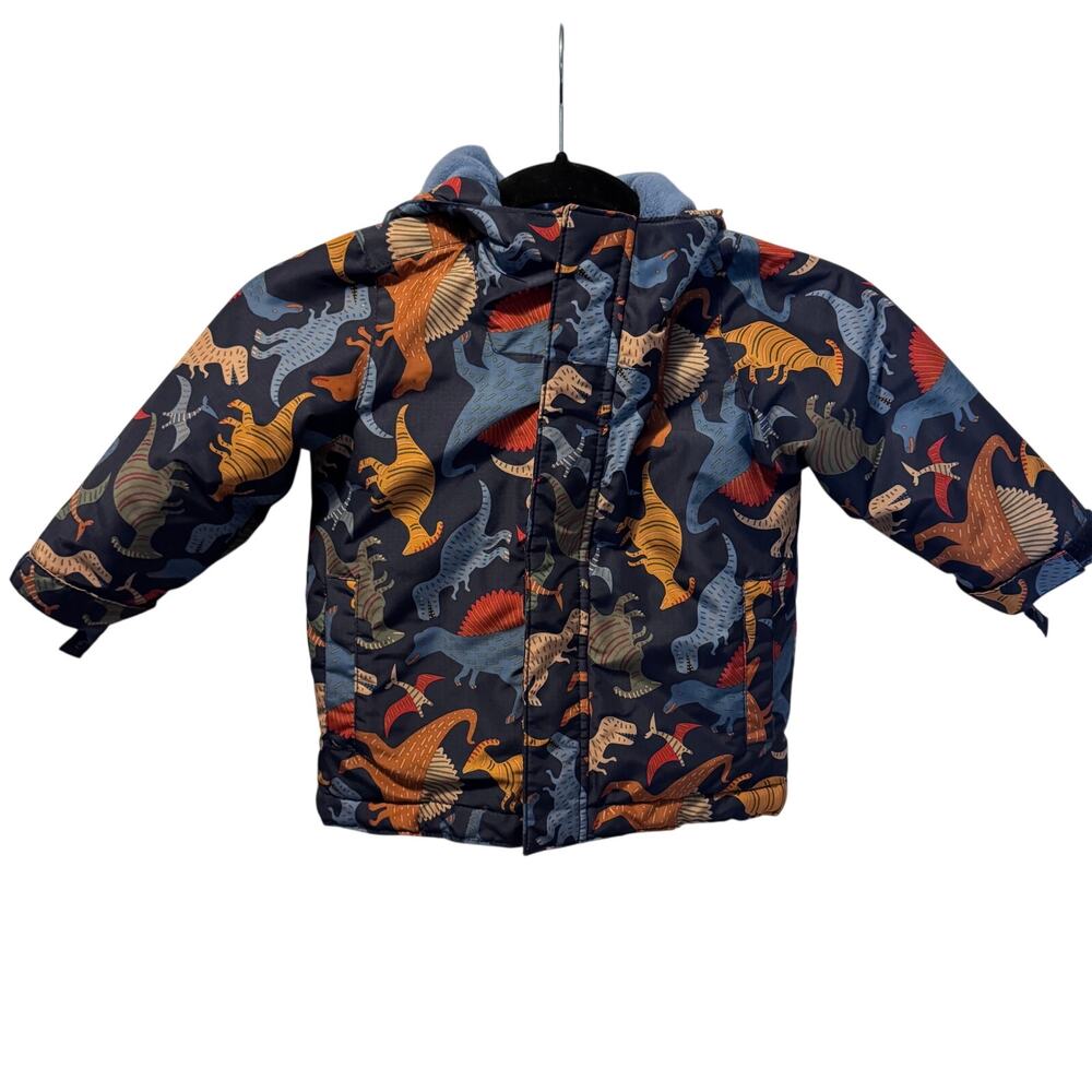 The Children's Place 2T Dinosaur Puffer Jacket Hooded Winter Coat Blue Orange